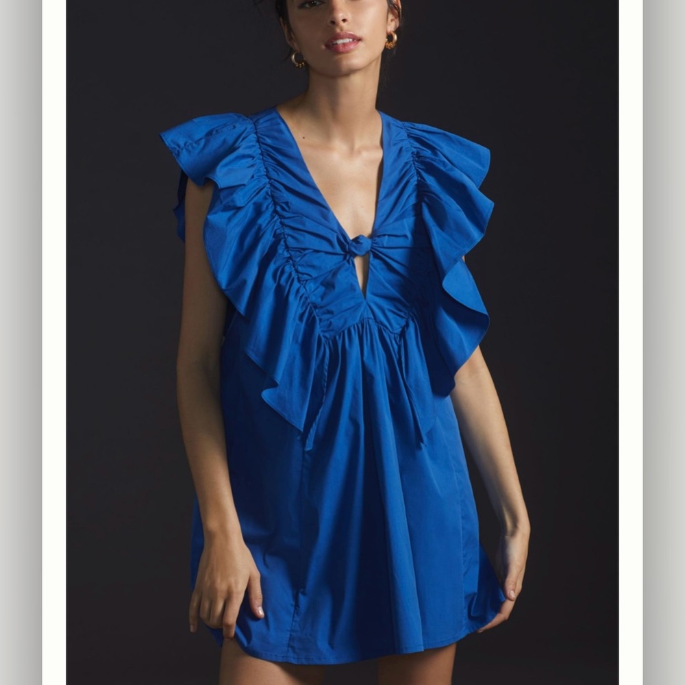 Anthropologie Blue Tassel Ruffled Waistless Mini Dress